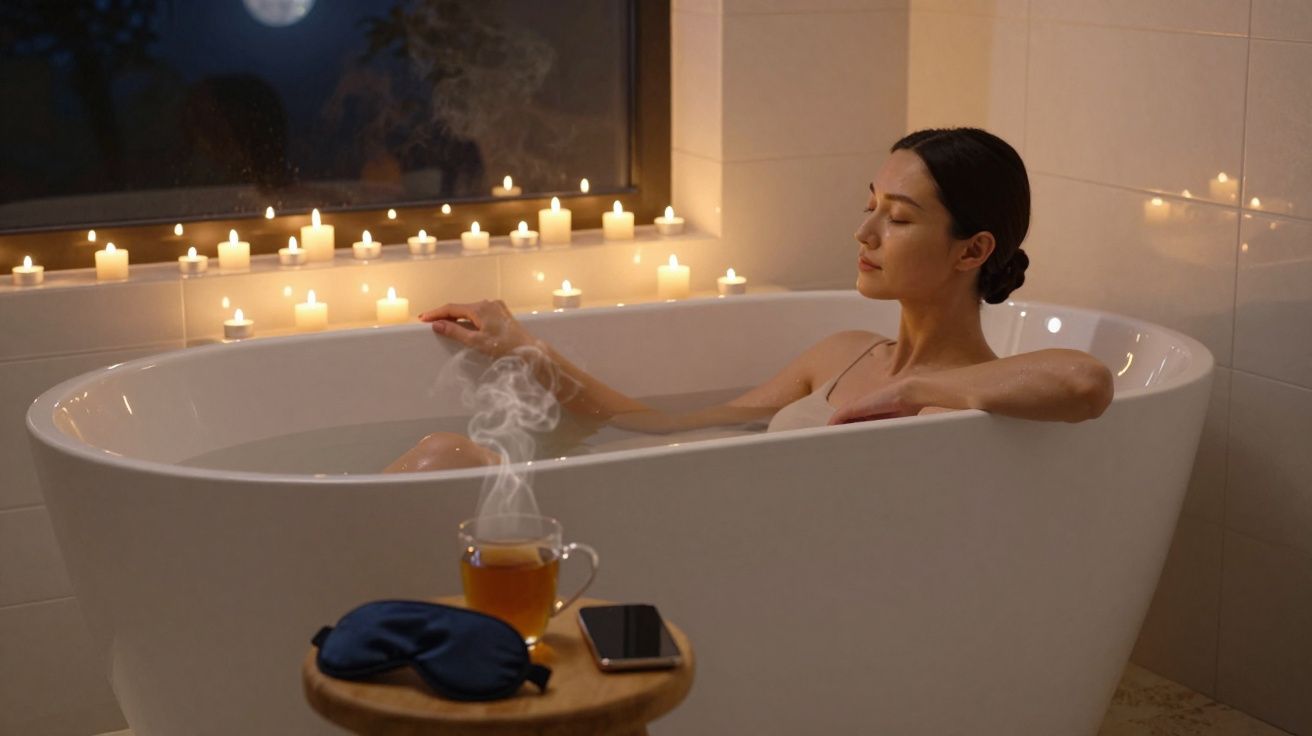 Mulher relaxa numa banheira rodeada de velas acesas à noite, com chá quente e máscara de dormir à frente.