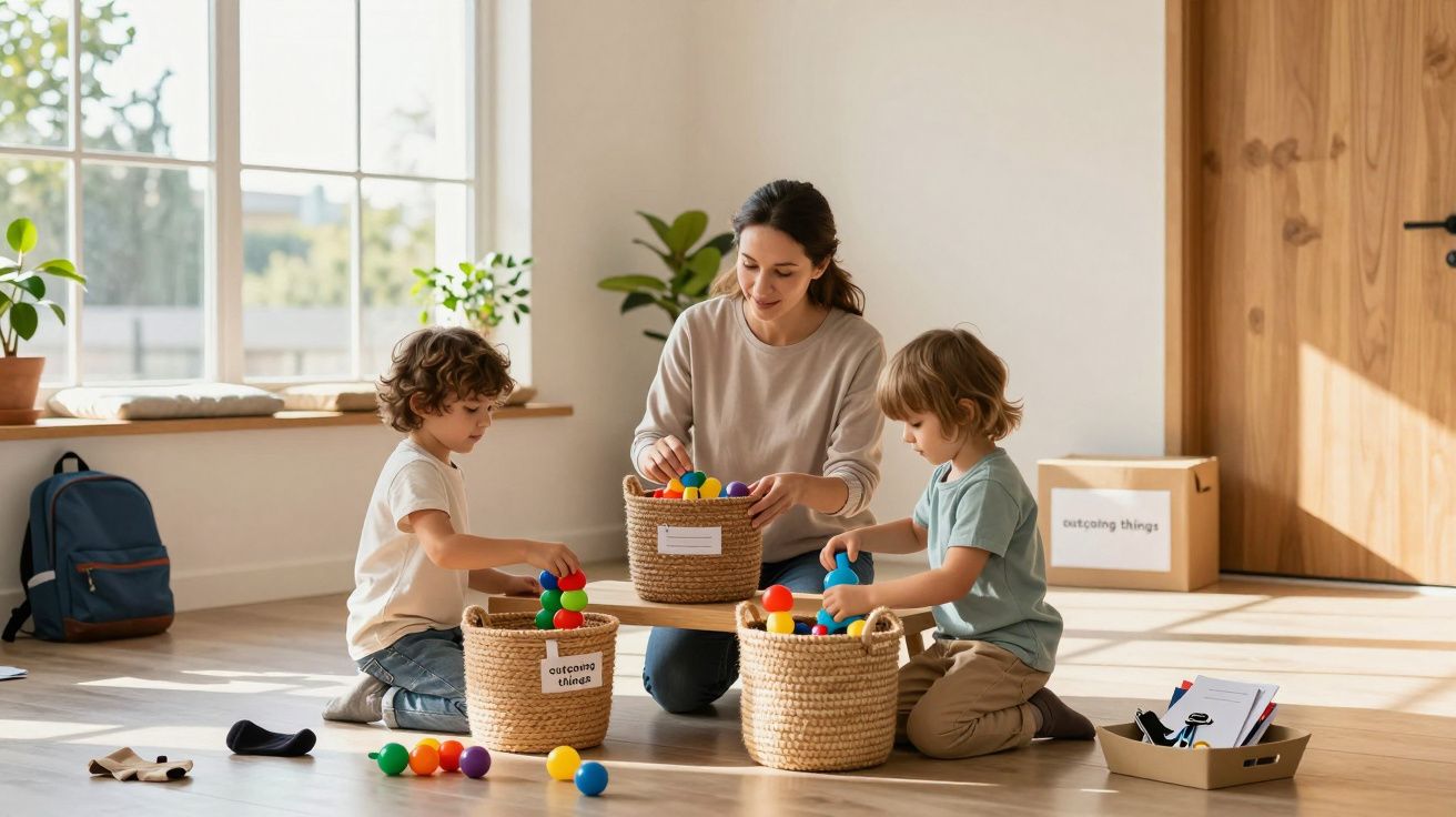 Mulher e duas crianças a brincar com bolas coloridas em cestos numa sala iluminada e acolhedora.