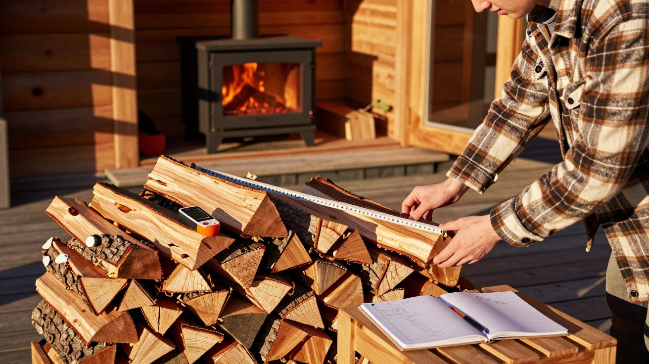 Pessoa a medir toros de lenha empilhados junto a lareira de casa de madeira, com caderno e caneta.