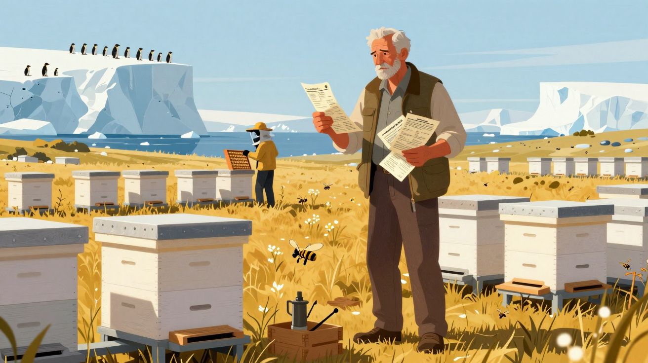 Homem idoso a ler documentos numa apiário com abelhas e pinguins ao fundo num campo junto ao mar.