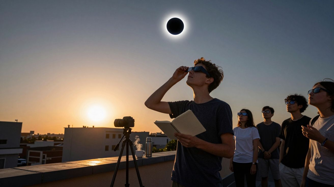 Pessoa com óculos especiais observa eclipse solar com grupo numa cobertura ao pôr do sol, câmera em tripé à frente.