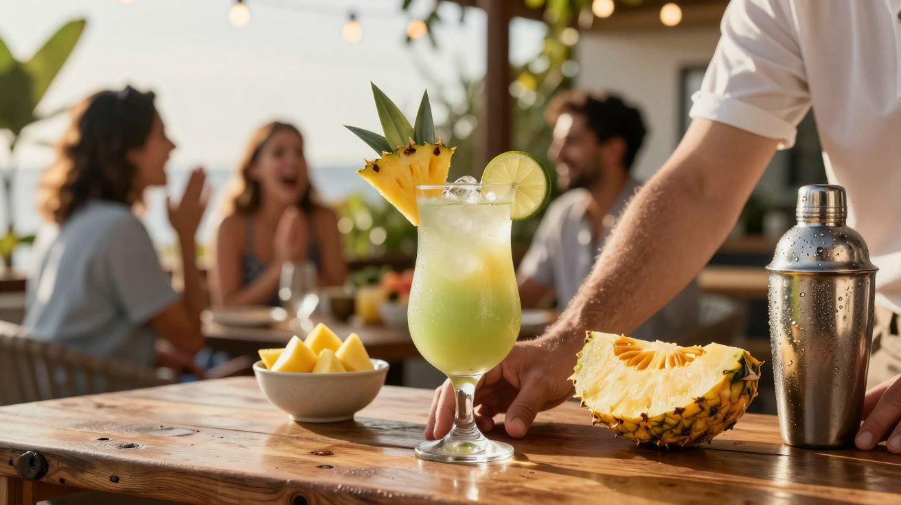 Coquetel tropical com abacaxi e lima numa mesa de madeira, com pessoas a conversar ao fundo.