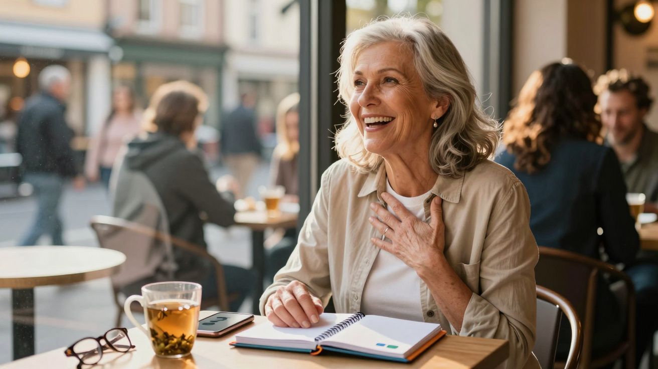 Mulher sénior sorridente sentada numa esplanada com chá e caderno à sua frente, expressão de felicidade.