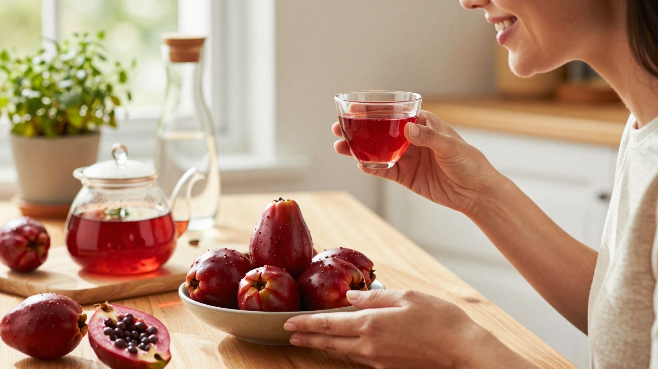 Pessoa a segurar chá numa chávena transparente, com fruta pitaya e jarro de chá numa mesa de madeira.