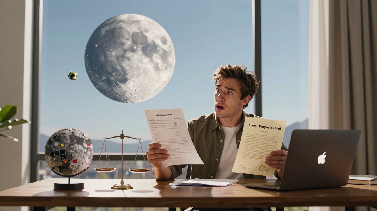 Homem surpreendido ao segurar documentos com imagem da lua gigante visível na janela atrás dele.