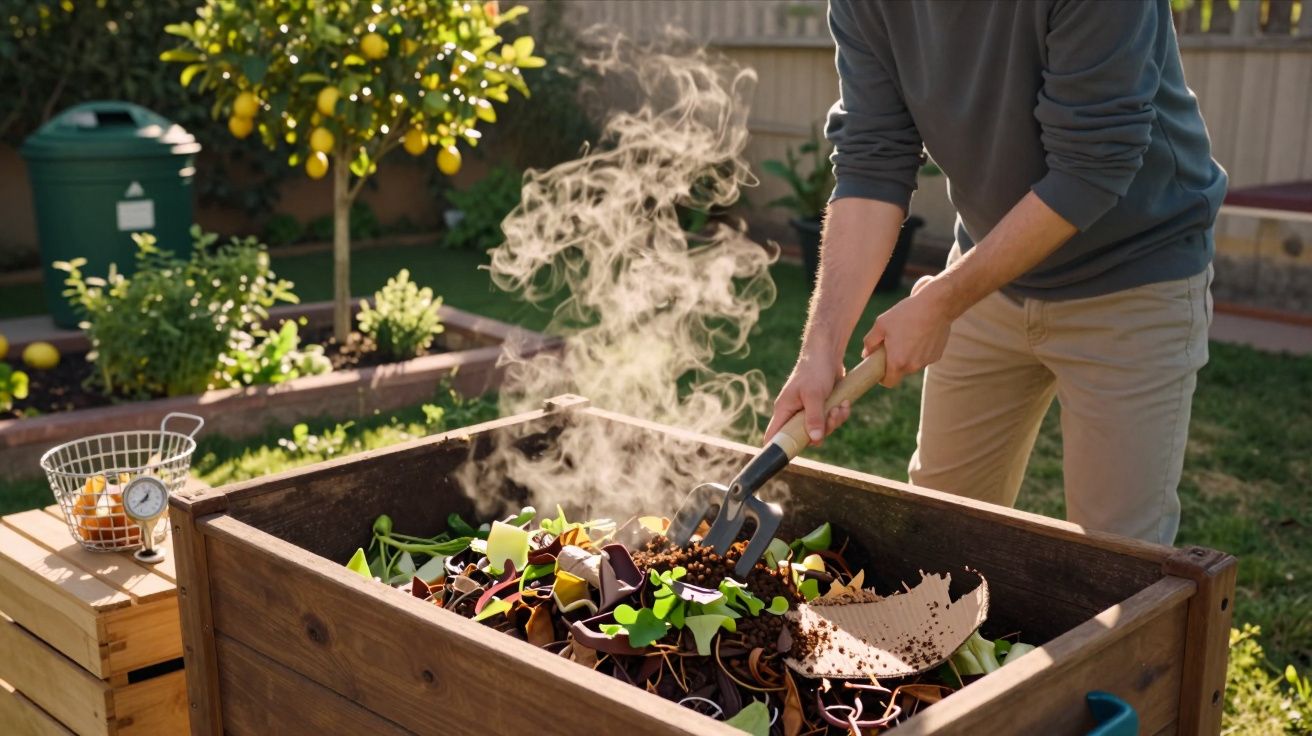 Pessoa a mexer composto orgânico a descompor num contentor de compostagem ao ar livre numa horta.