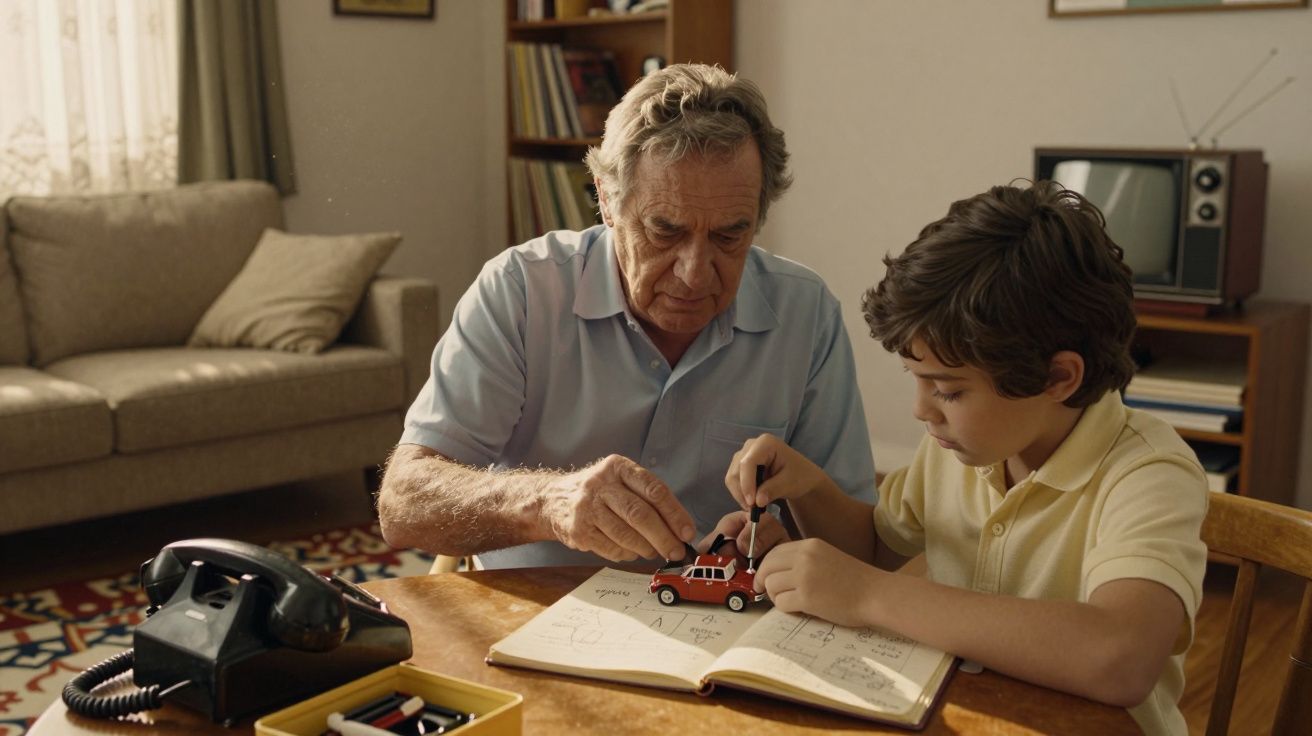 Homem idoso e menino a montar e desenhar um carro de brinquedo numa mesa em casa.