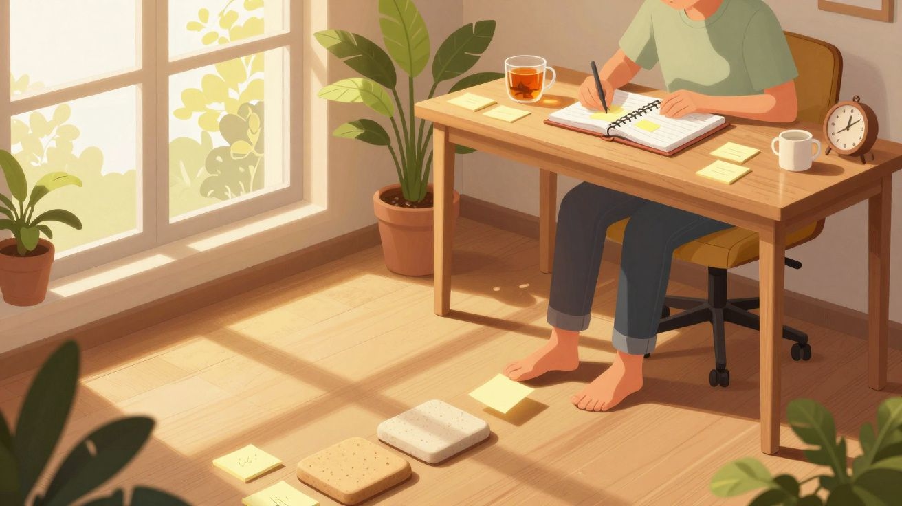 Pessoa descalça a escrever numa agenda numa mesa perto de plantas e janelas com luz natural.