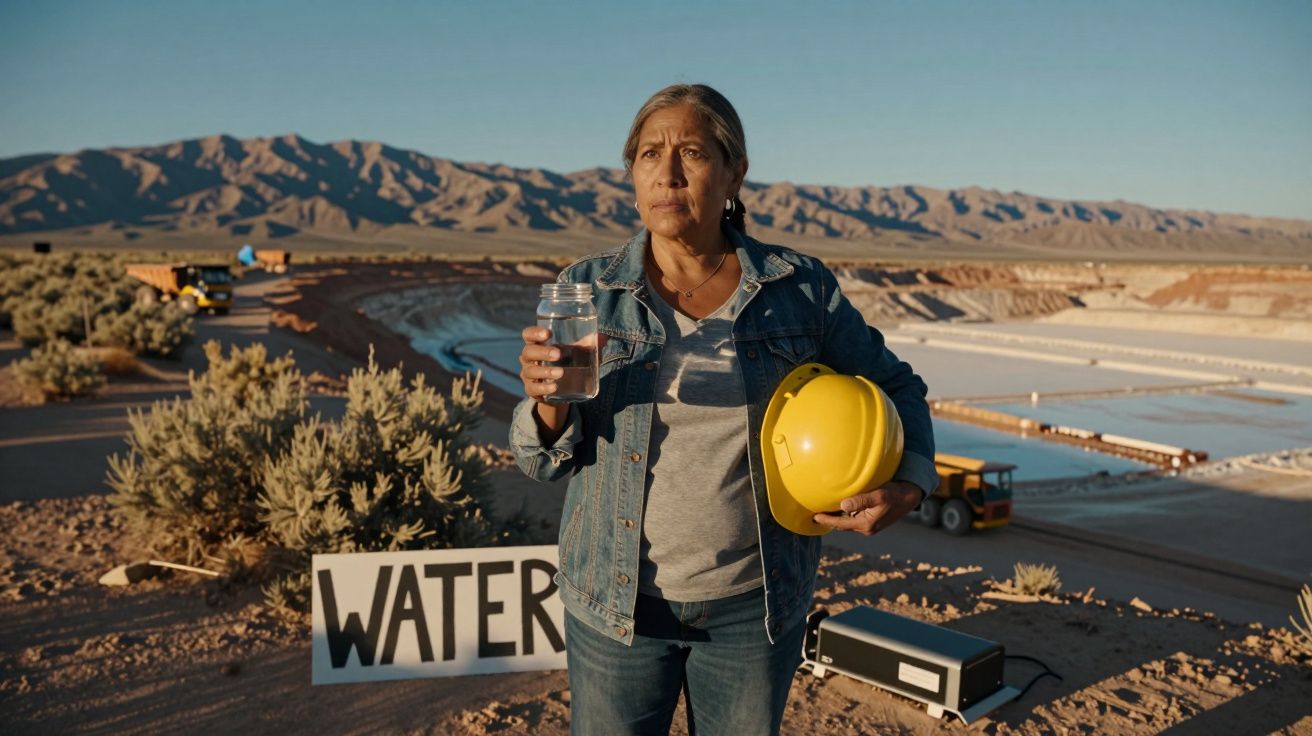 Mulher segurando capacete amarelo e jarra de água junto a placa com palavra "water" em paisagem árida.
