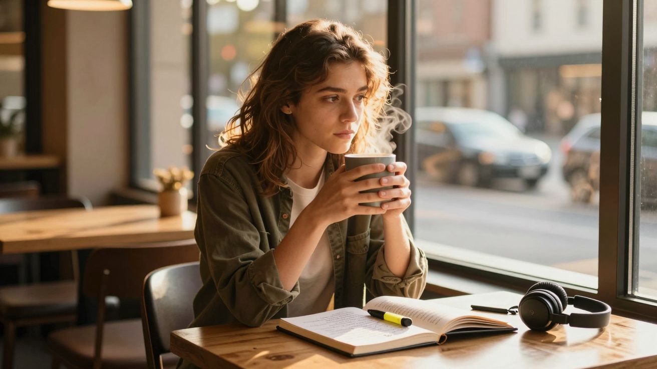 Jovem sentada numa cafetaria, segurando uma chávena quente e olhando pela janela, com livro e auscultadores à frente.