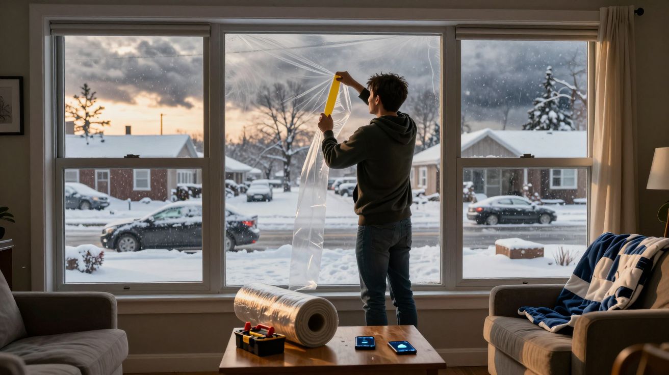 Homem a aplicar isolamento plástico numa janela grande com vista para rua nevada durante o pôr do sol.