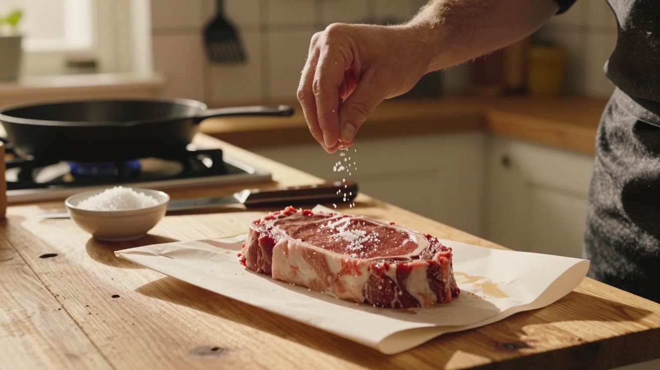 Mão a temperar um pedaço de carne crua com sal grosso numa cozinha com frigideira ao fundo.