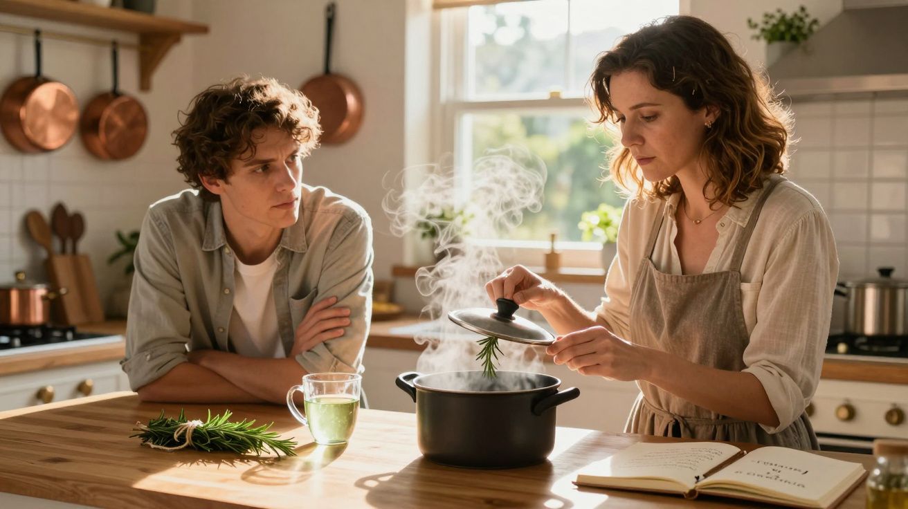 Casal na cozinha, mulher a cozinhar com panela a vapor e homem a observar sentado à mesa de madeira.