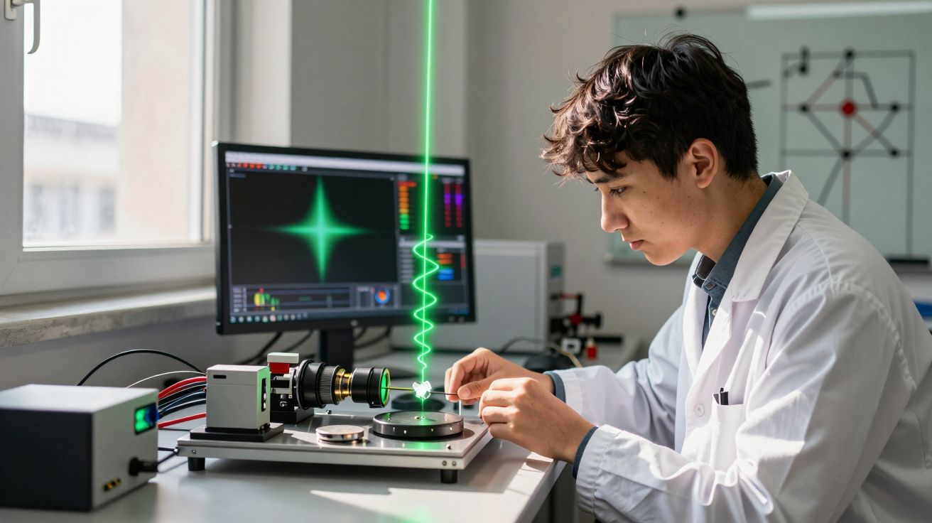 Jovem cientista de bata branca a trabalhar com experimento de laser verde num laboratório tecnológico moderno.