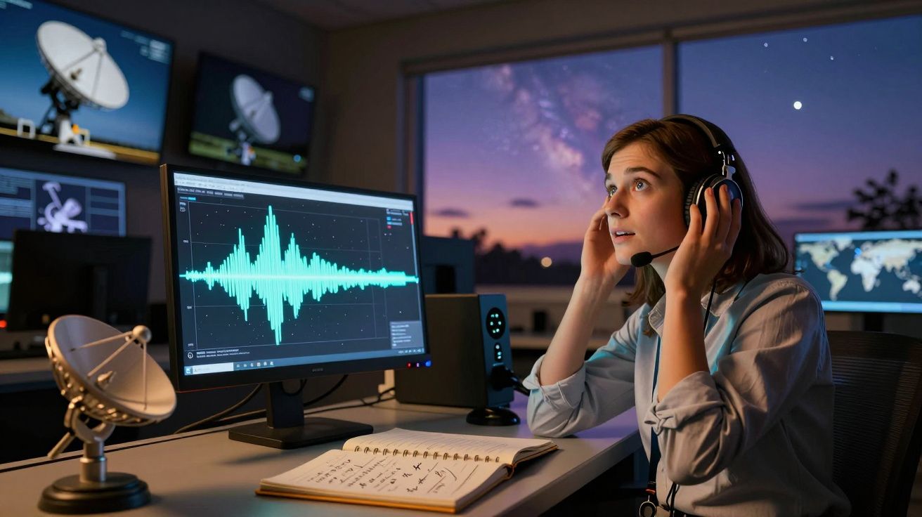 Mulher com headset analisa ondas sonoras num centro de controlo por satélite ao entardecer.
