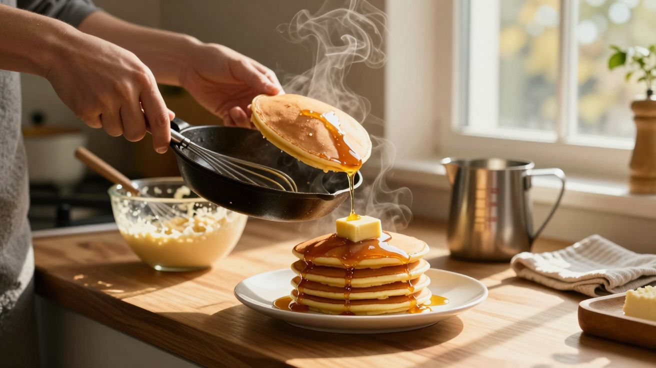 Pessoa a colocar panqueca quente com manteiga e xarope sobre pilha de panquecas num prato branco numa cozinha iluminada.