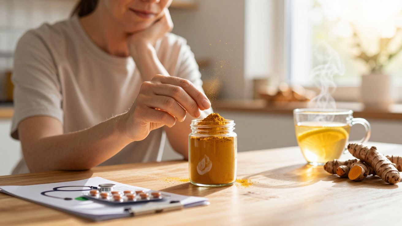 Pessoa a mexer cúrcuma em pó num frasco, com chá de limão e raiz de cúrcuma ao lado numa mesa de madeira.
