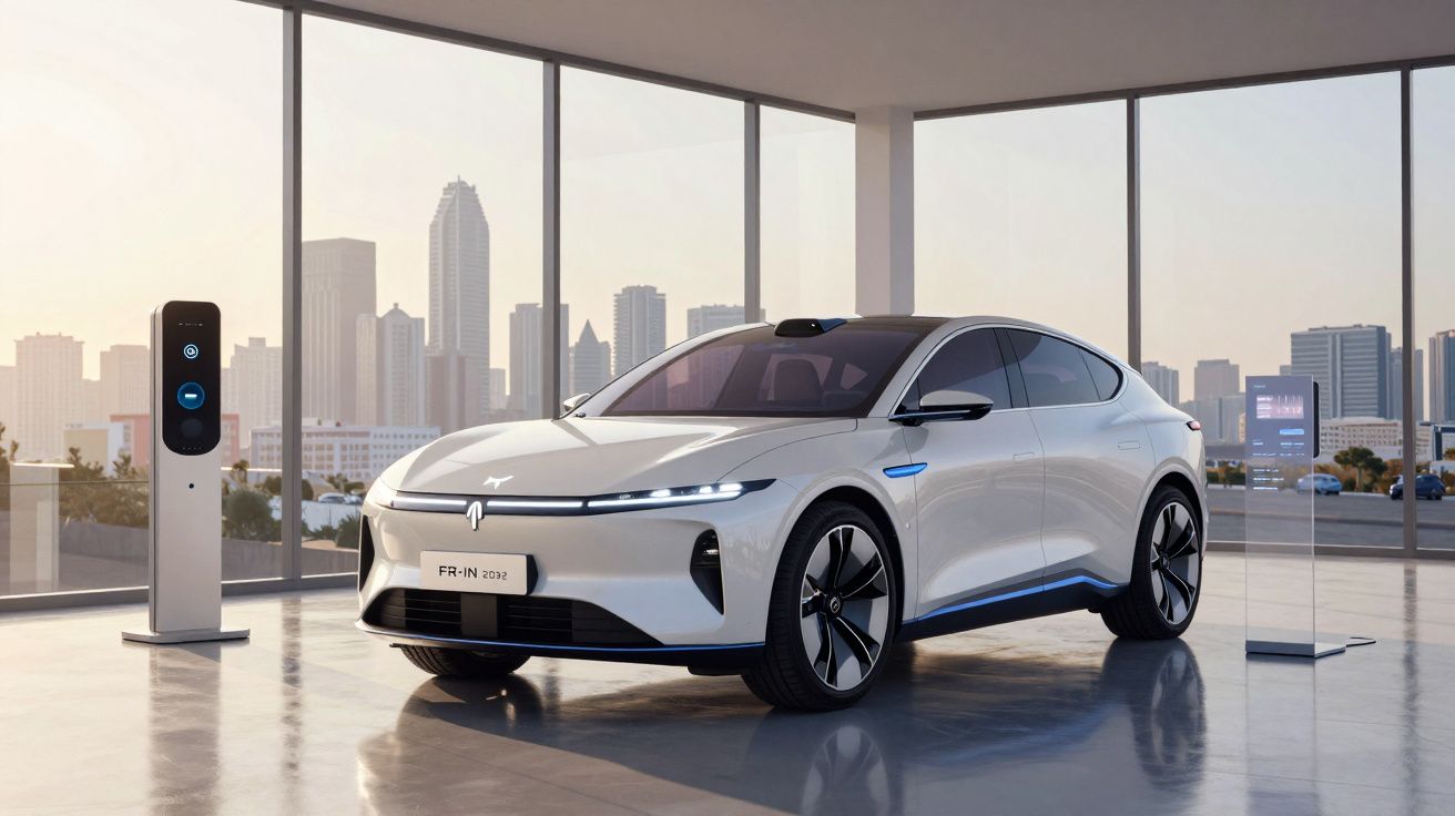 Carro elétrico branco moderno estacionado em showroom com janelas amplas e vista de arranha-céus ao fundo.