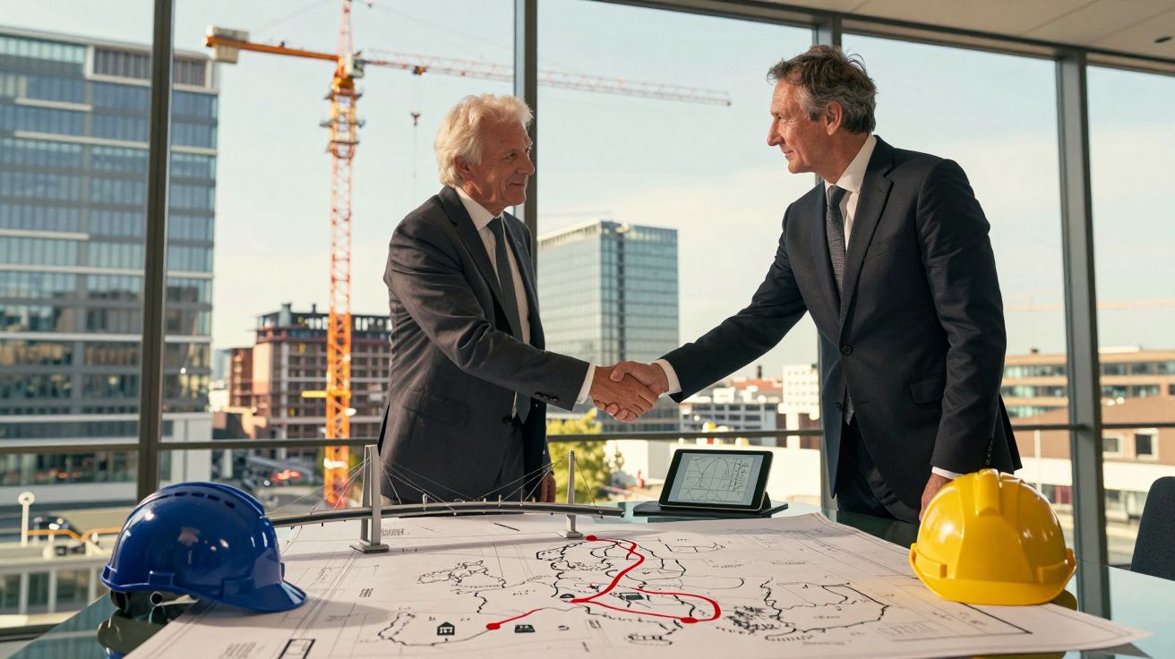 Dois homens de fato apertam as mãos numa sala com vista para edifícios, com capacetes e plantas de construção sobre a mesa.
