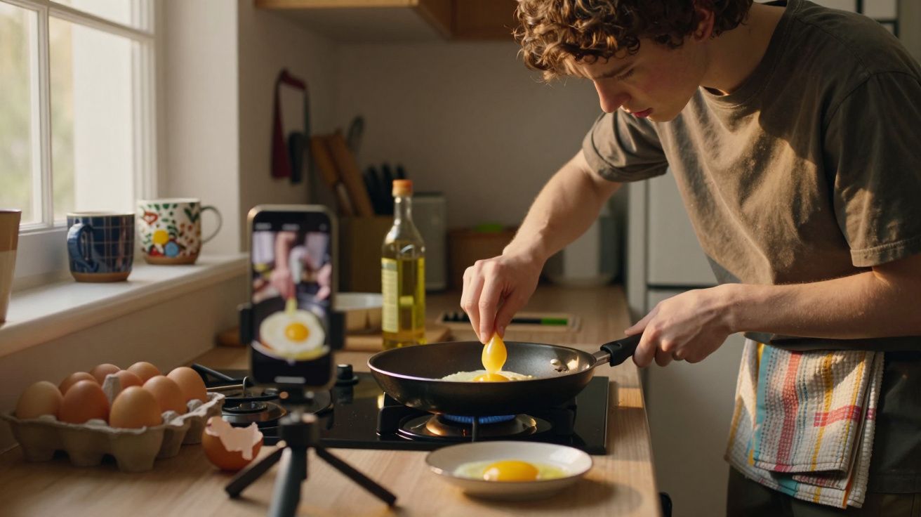 Jovem a partir ovos numa frigideira, a gravar o processo com telemóvel no tripé na cozinha.