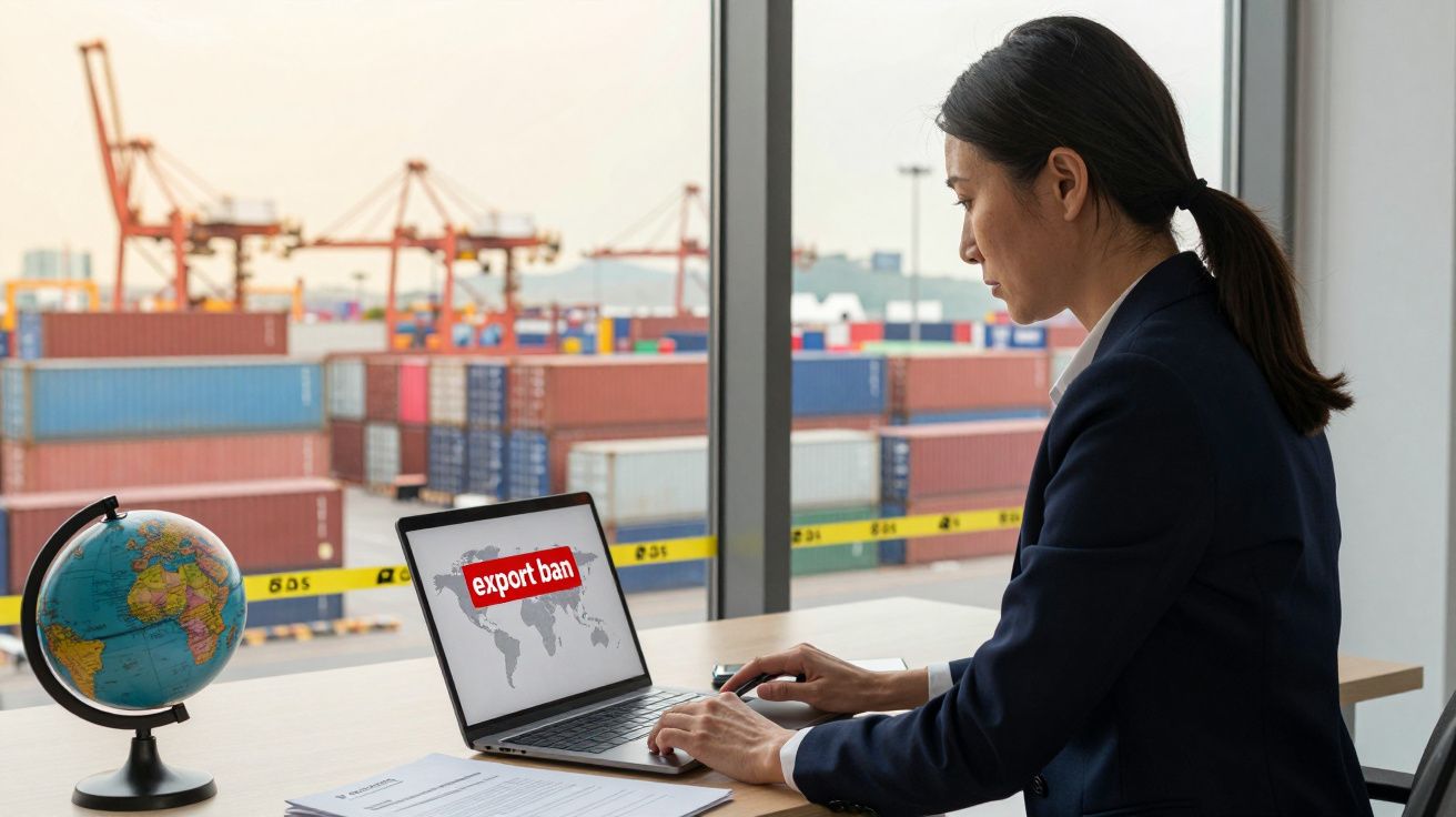 Mulher a trabalhar num escritório com vista para contentores, computador mostra mapa mundial e frase "export ban".