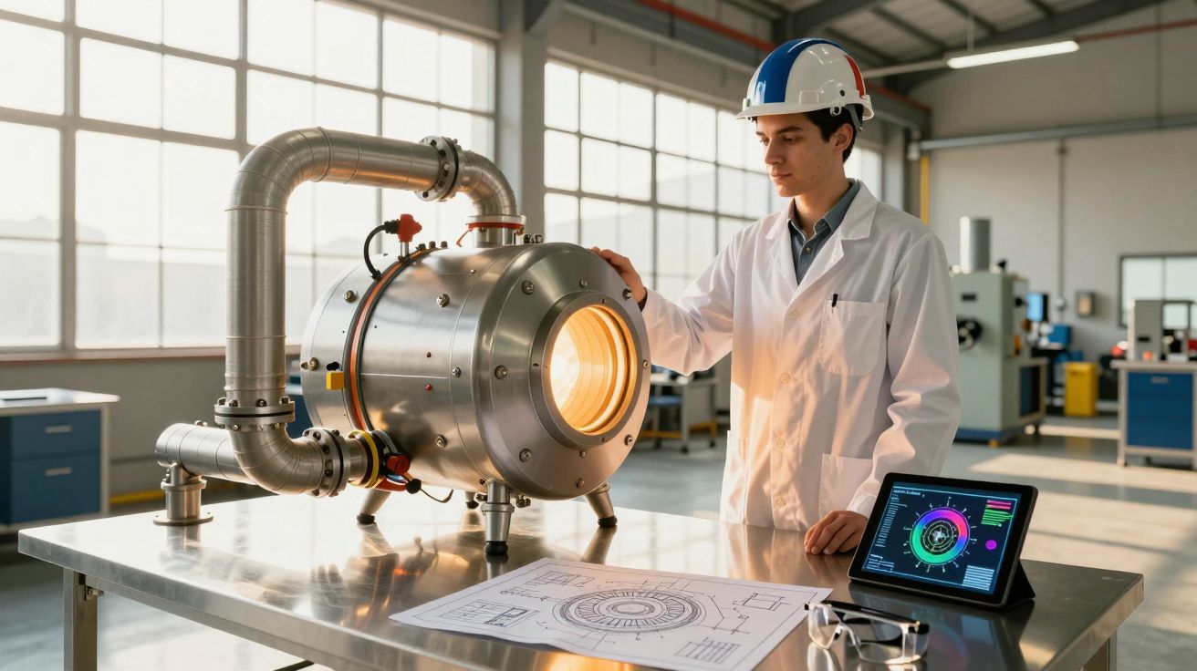 Engenheiro em sala industrial com capacete e bata branca a examinar equipamento metálico com tubo e luz interna ligada.