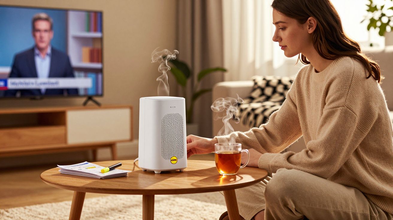 Mulher sentada ao lado de aquecedor e chá quente numa mesa de madeira na sala de estar.