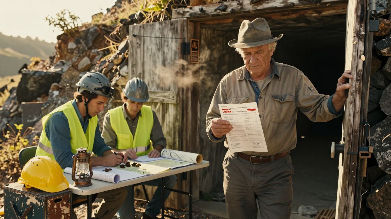 Homem idoso com chapéu lê documento à entrada de mina, enquanto dois homens com capacetes e coletes refletores analisam plant
