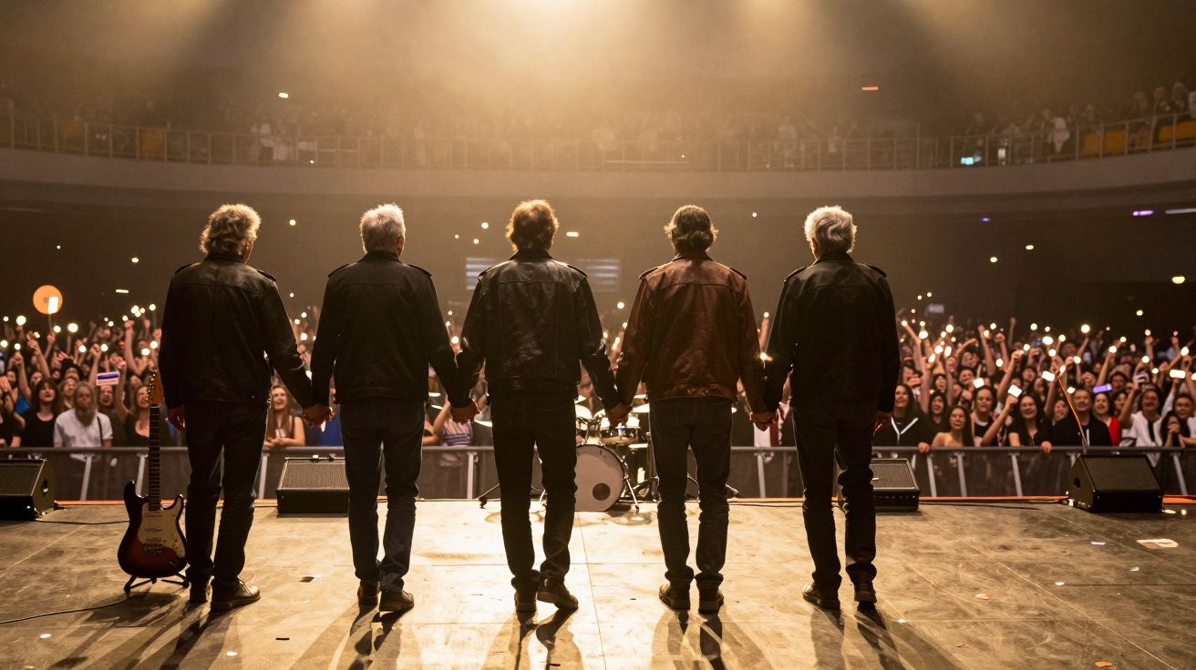 Cinco músicos de costas dão as mãos no palco perante uma multidão entusiasmada num concerto.