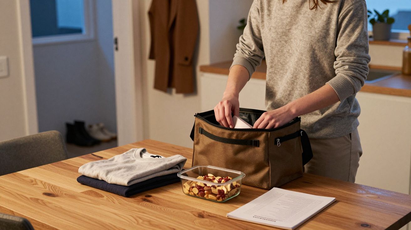 Pessoa a arrumar marmita numa mesa de madeira com roupa e documentos.