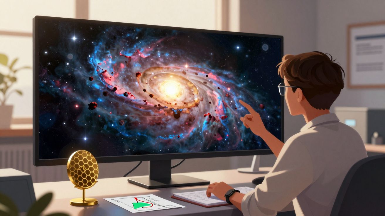 Pessoa a apontar para um ecrã com imagem detalhada de uma galáxia espiral iluminada num escritório.