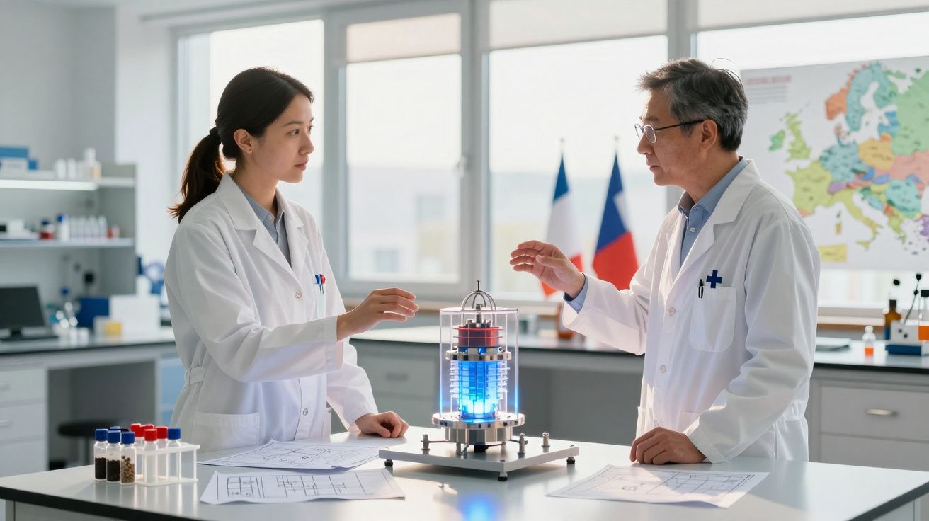 Dois cientistas em laboratório discutem experimento com dispositivo brilhante azul sobre a bancada.