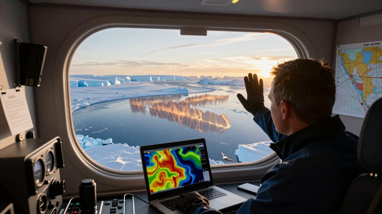 Pessoa com luvas acena para icebergues vistos através da janela de uma aeronave com equipamento de monitorização.