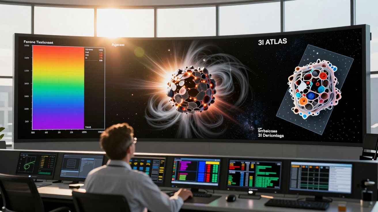 Pessoa numa sala de controlo a analisar dados e imagens científicas complexas numa grande ecrã digital.