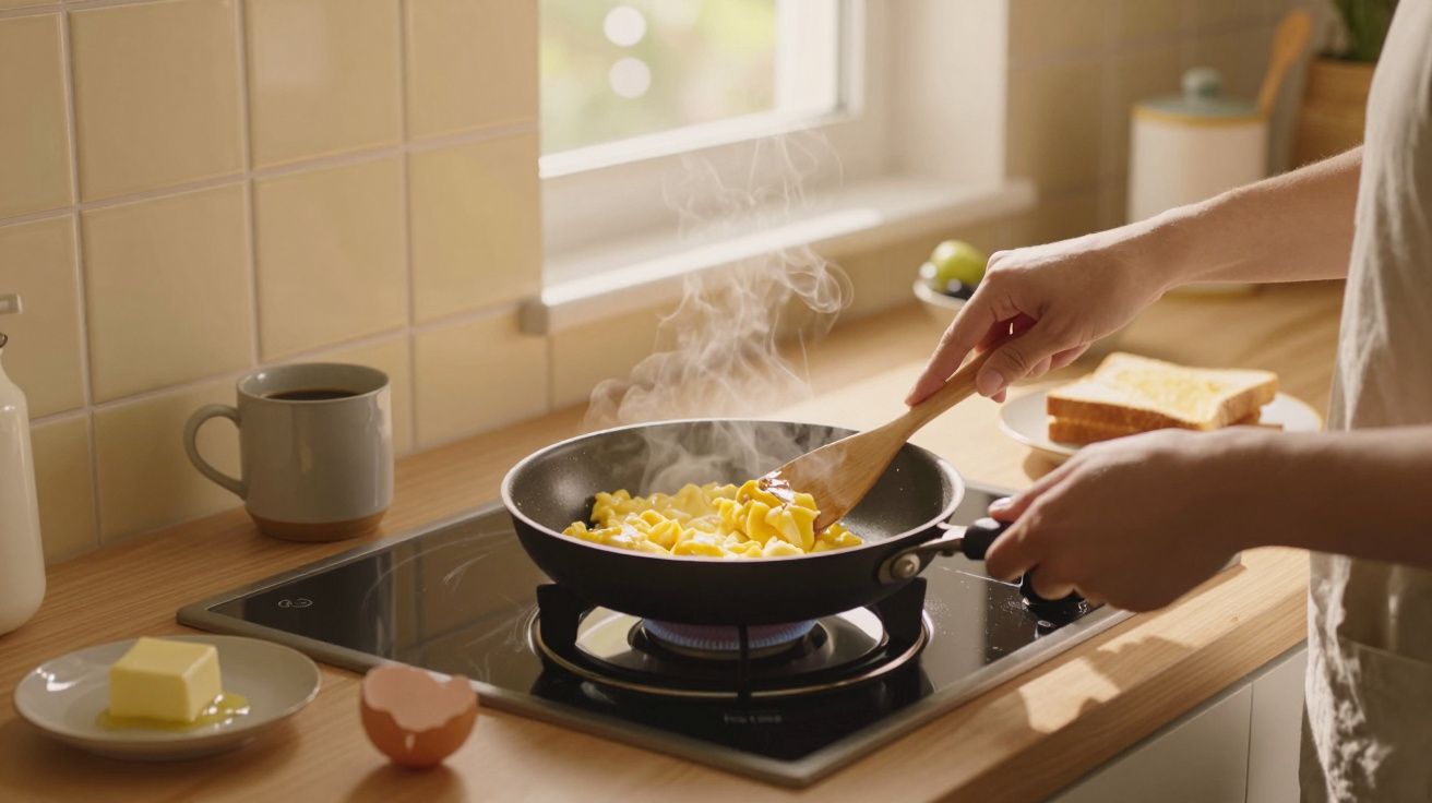 Pessoa a cozinhar ovos mexidos numa frigideira sobre fogão a gás numa cozinha clara.