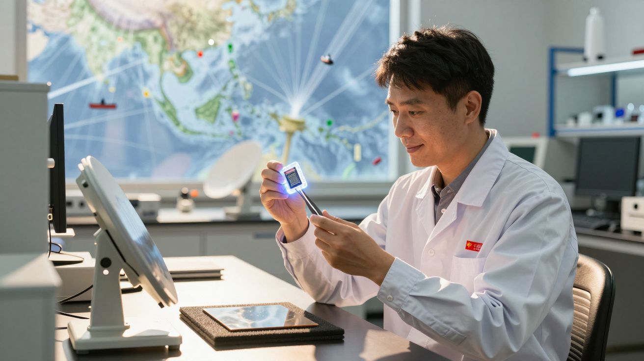 Homem com bata branca analisa chip tecnológico num laboratório com mapa mundial ao fundo.