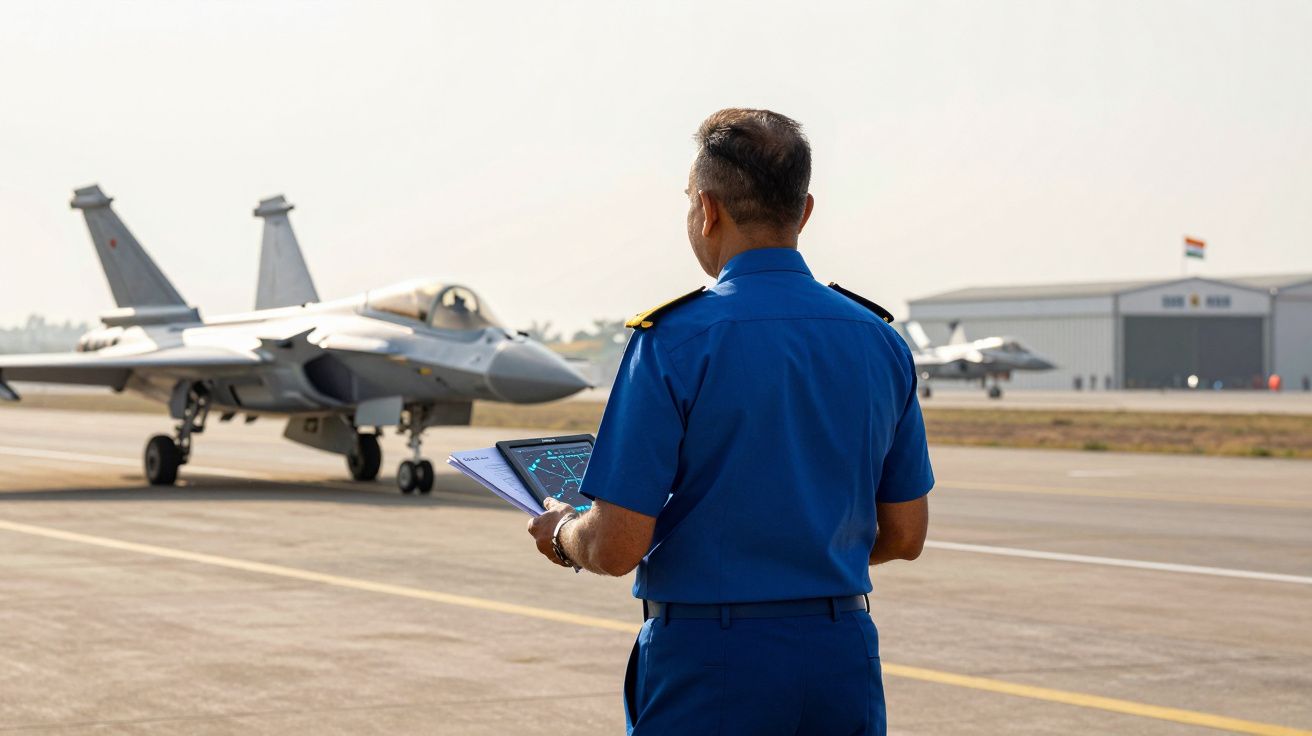 Militar em uniforme azul observa jato de combate num aeroporto militar durante o dia.