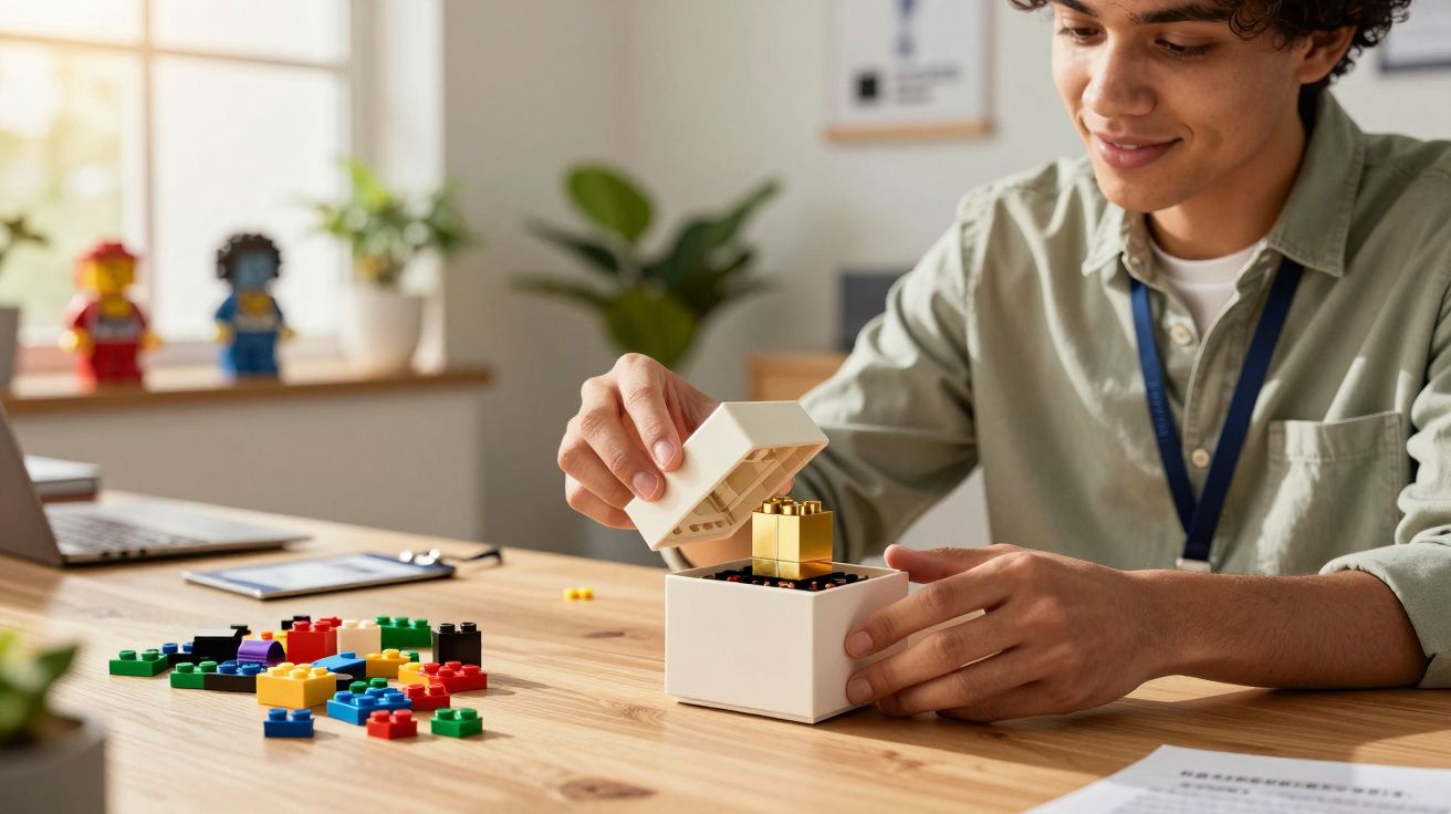 Pessoa a sorrir enquanto organiza peças de Lego numa caixa branca numa mesa de madeira iluminada pela luz natural.