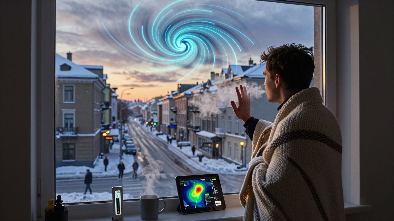 Pessoa coberta com manta observa redemoinho azul no céu através de janela de apartamento com vista para rua nevada.