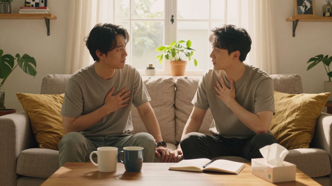 Dois homens sentados no sofá, de mão dada e com a outra mão no peito, numa conversa emotiva.