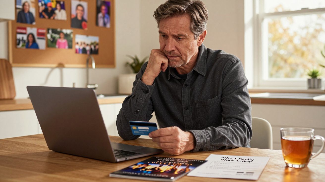 Homem preocupado a fazer compras online com cartão de crédito num ambiente doméstico.