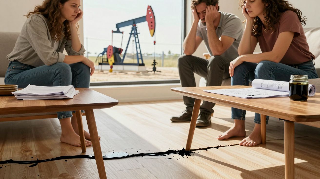 Três pessoas preocupadas perto de duas mesas com manchas de óleo no chão e bombas de petróleo ao fundo.