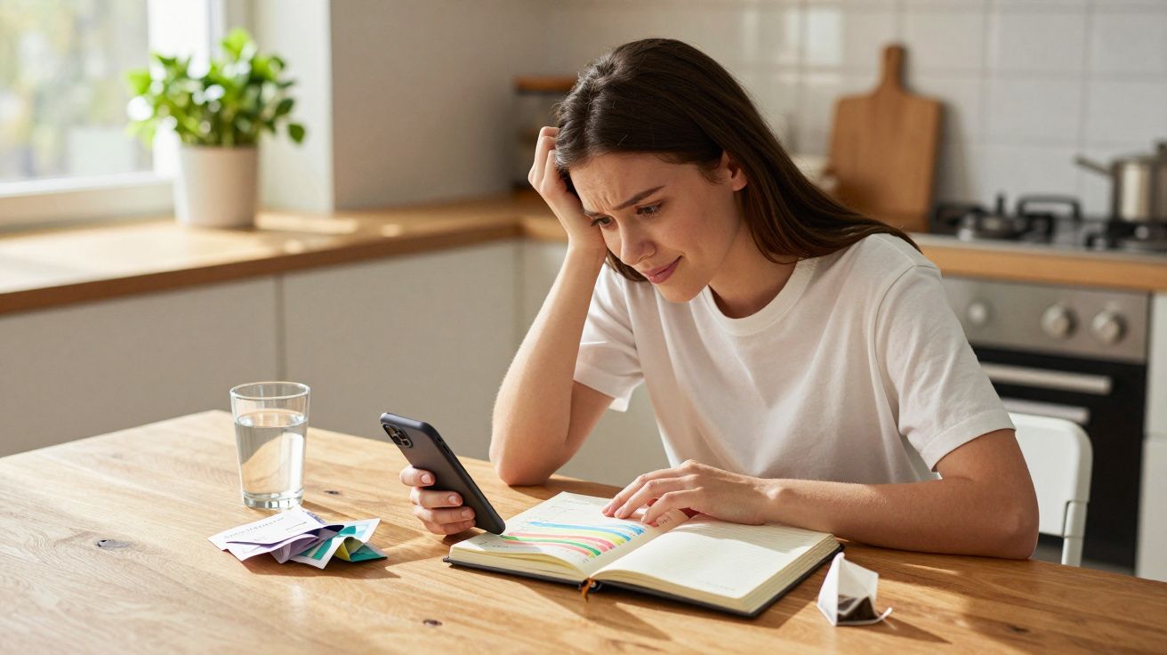 Mulher preocupada lê um caderno e consulta o telemóvel sentada à mesa numa cozinha luminosa.