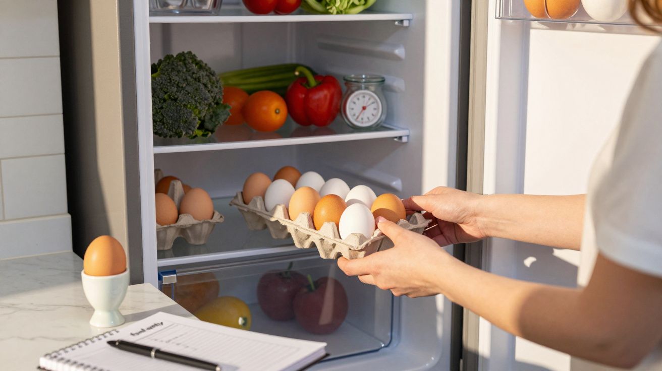 Pessoa a colocar uma caixa de ovos na porta aberta do frigorífico com legumes, frutas e caderno ao lado.