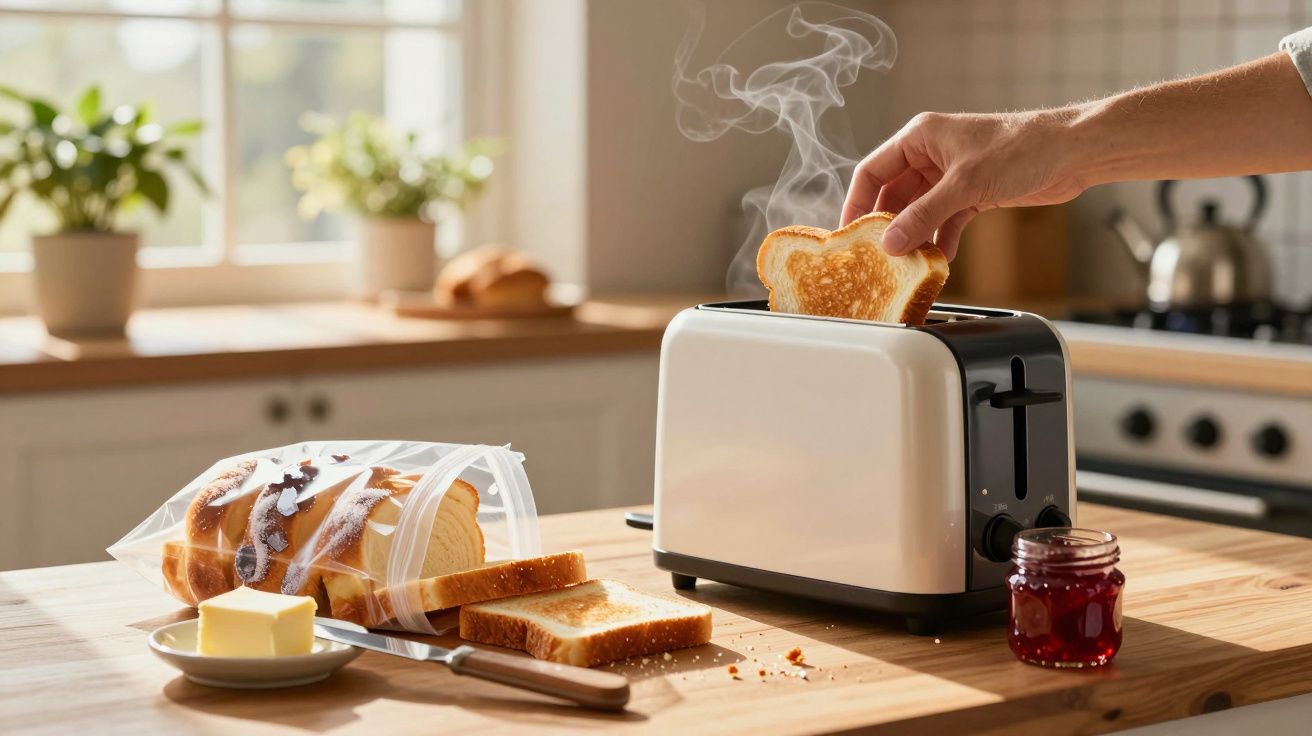 Mão a retirar fatia de pão torrado quente de torradeira na cozinha com pão, manteiga e compota.