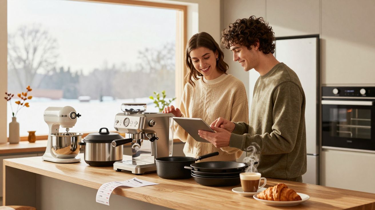 Casal jovem a consultar tablet na cozinha moderna com café, croissant e eletrodomésticos à vista.