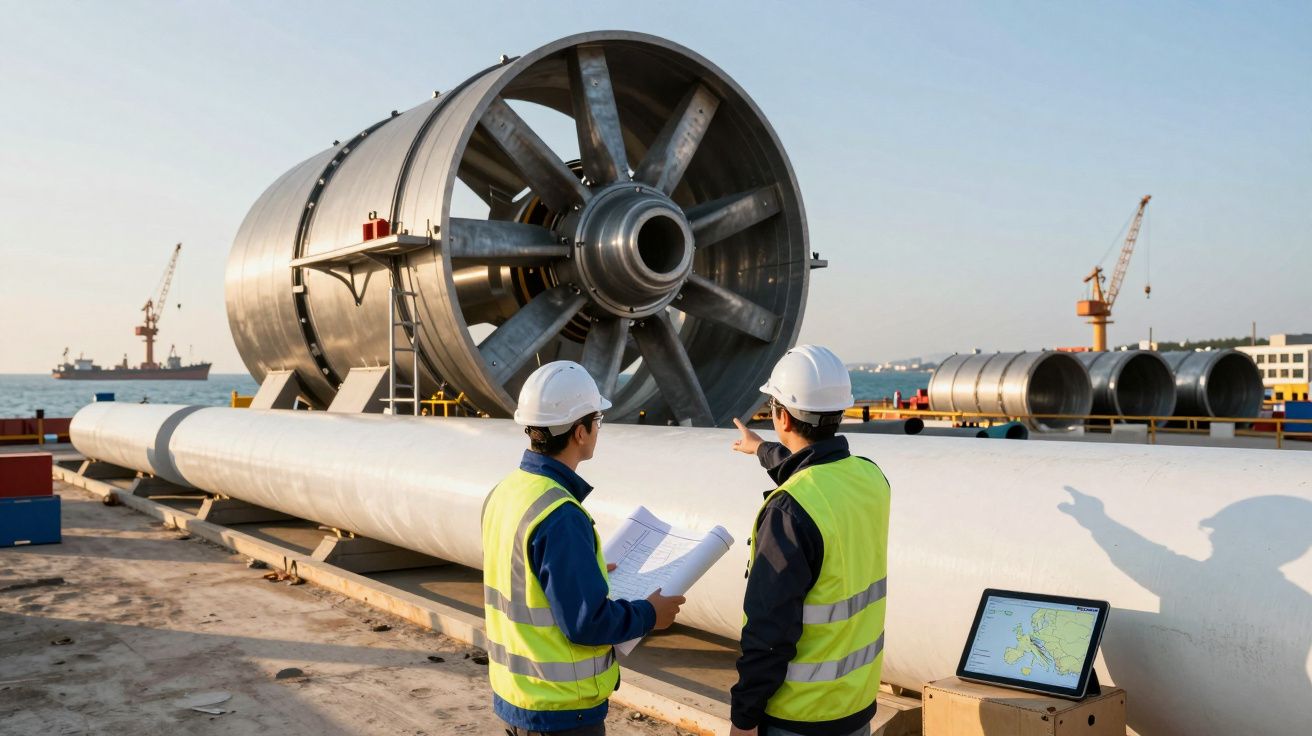 Dois engenheiros com capacetes e coletes refletores analisam equipamento industrial grande num porto.