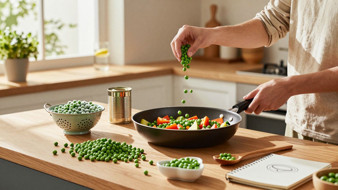 Pessoa a cozinhar legumes frescos, colocando ervilhas verdes numa frigideira numa cozinha luminosa.