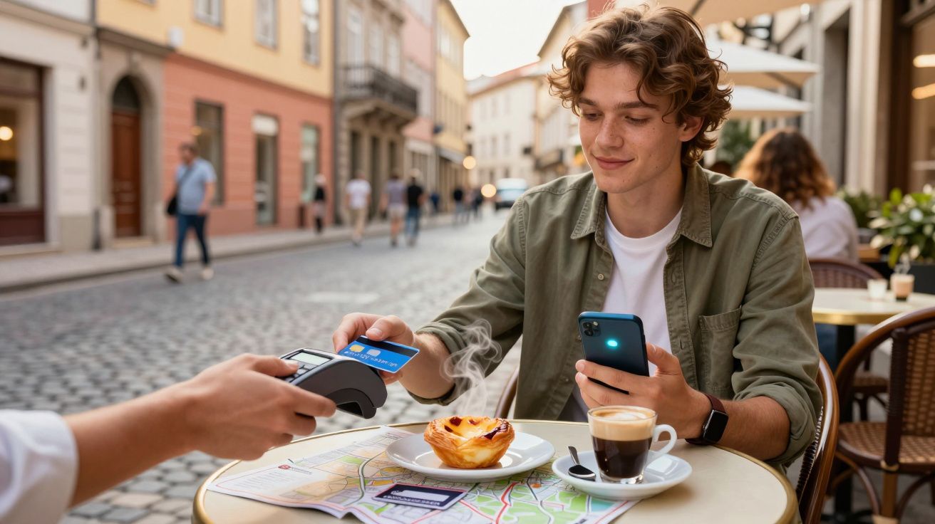 Homem jovem paga com cartão contactless numa esplanada com café e pastel de nata na mesa.