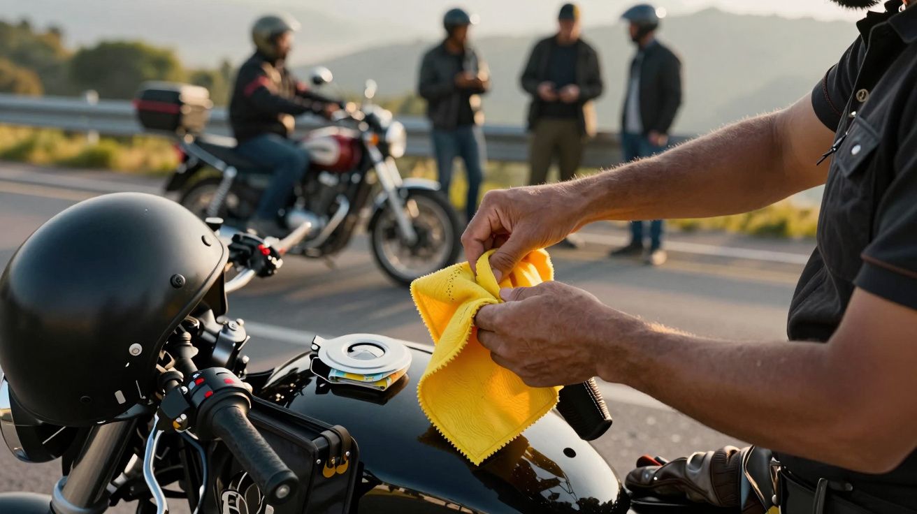 Homem limpa tanque de motocicleta preta enquanto outros pilotos com capacetes estão ao fundo.